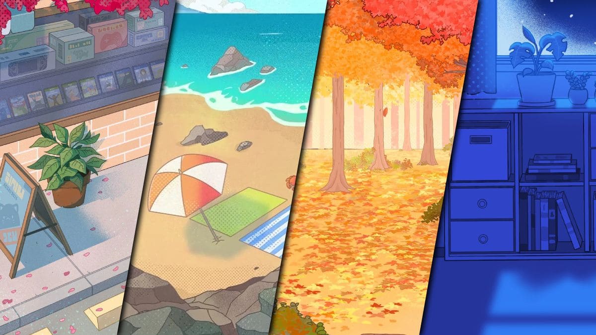 Ilustraciones de las rebajas estacionales de Steam: Primavera, Verano, Otoño e Invierno.