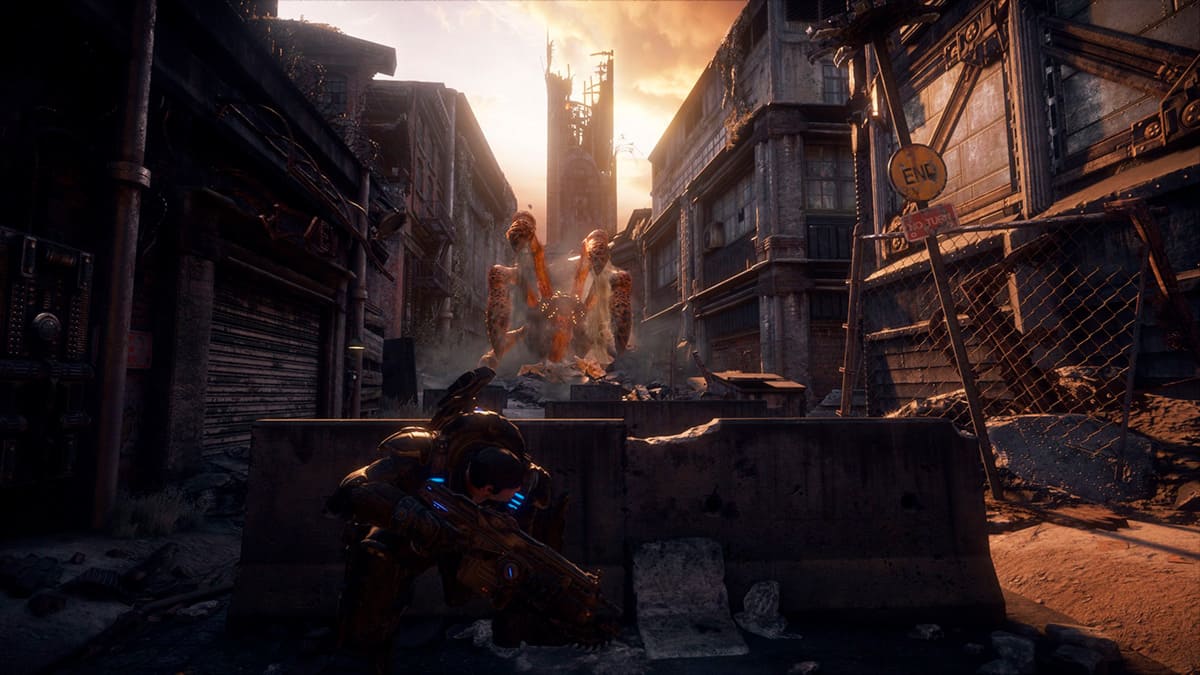 Un personaje usando la cobertura ante un enemigo en Gears of War: Reloaded