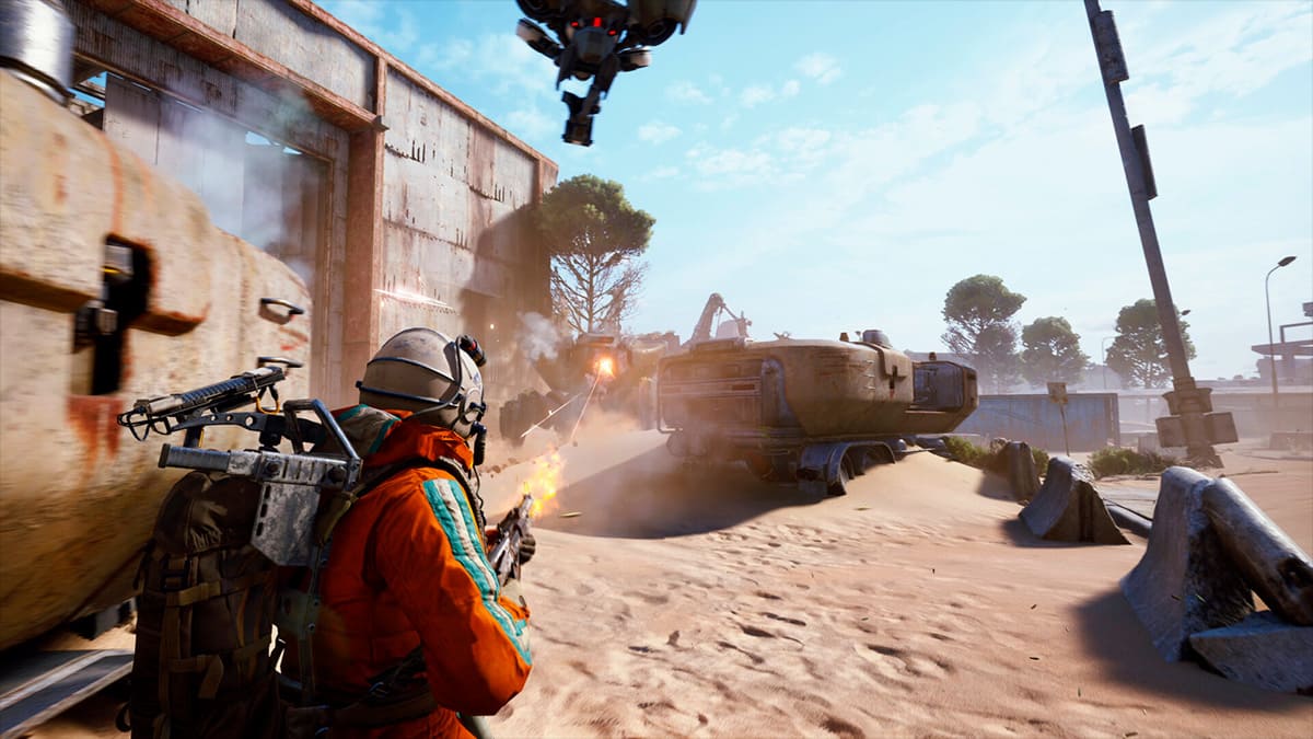 Un personaje disparando a un robot en ARC Raiders