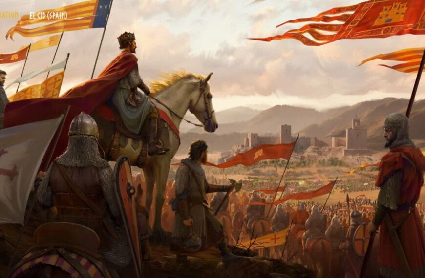 Ilustración conceptual de Total War: Medieval III en la que aparece el Cid junto a tropas cristianas