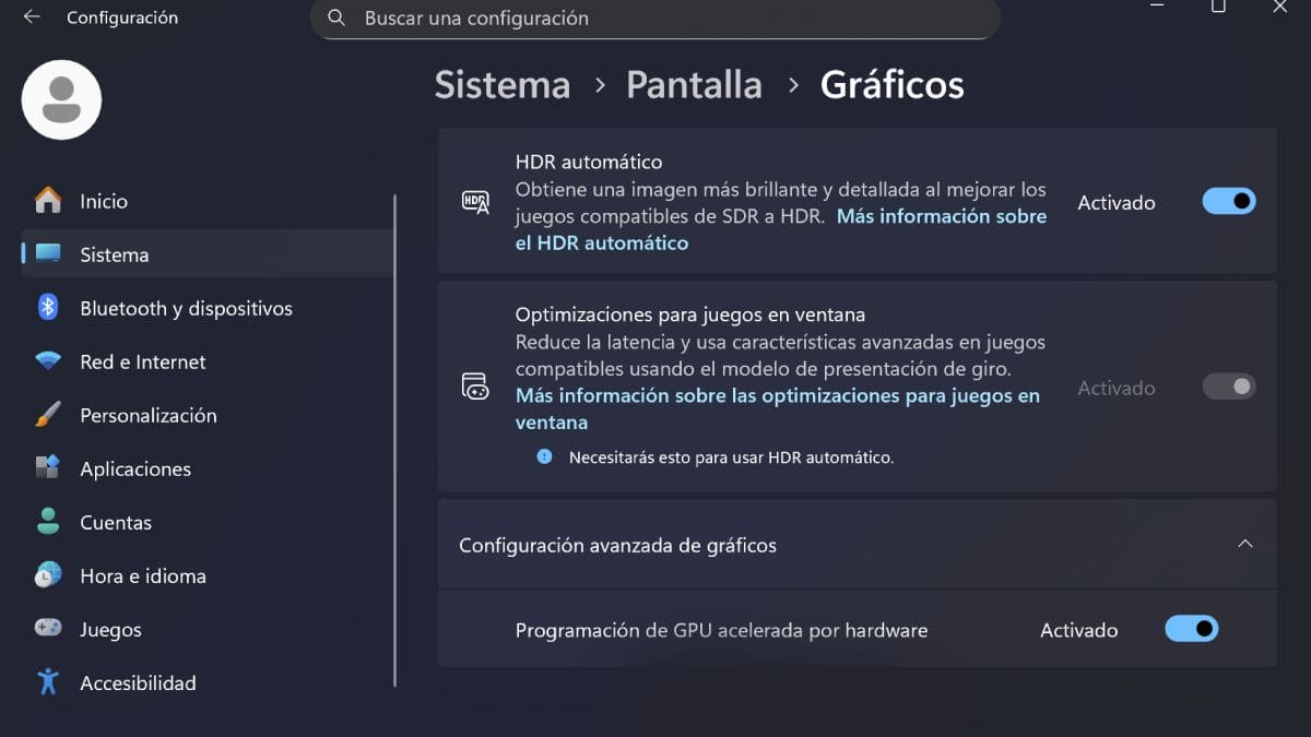 Configuración de gráficos y HDR en Windows 11